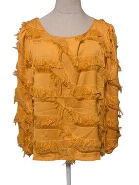 Calligraphie Womens XL‎ Mustard Yellow Fringe Eyelash Textured Long Sleeve Top